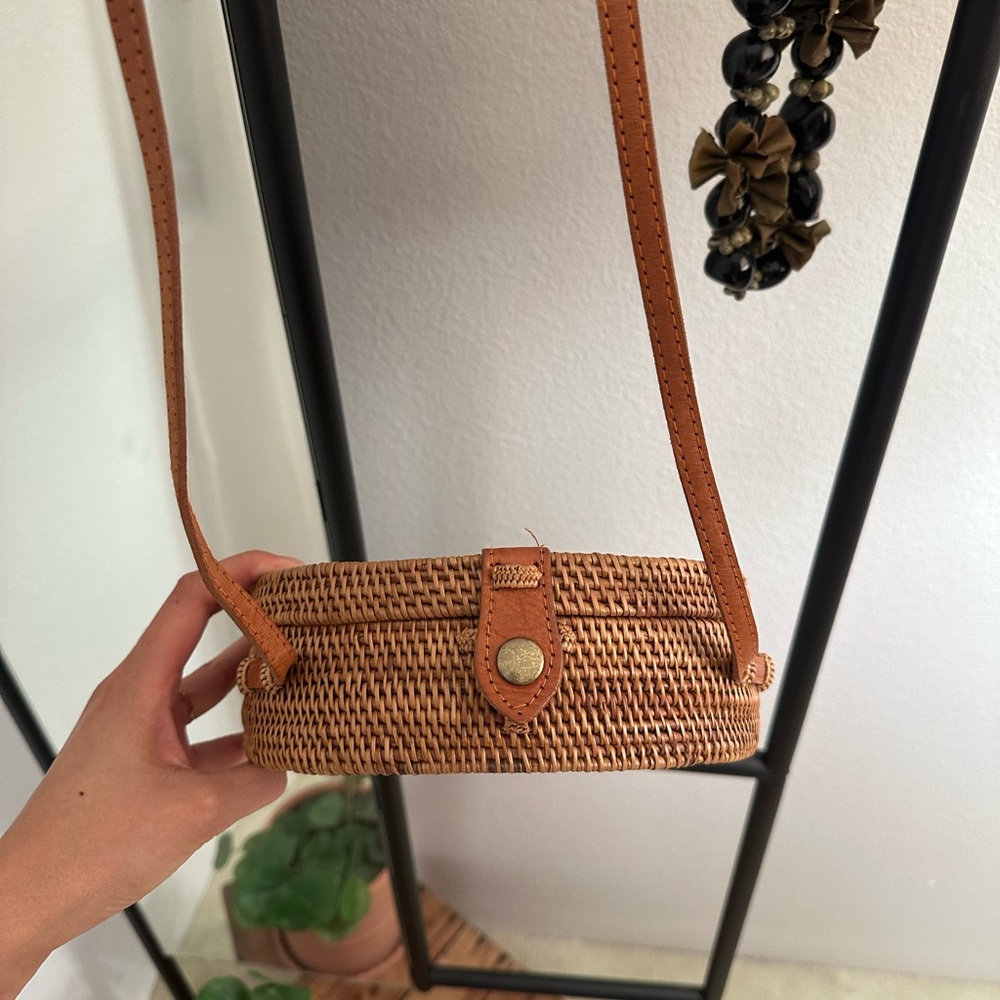 Brown Rattan Woven Crossbody Bag